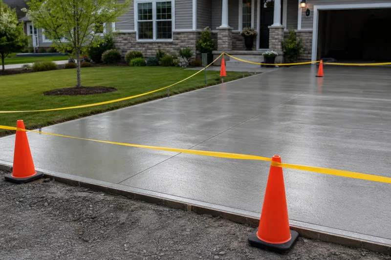Fresh concrete driveway protected with cones and caution tape while curing