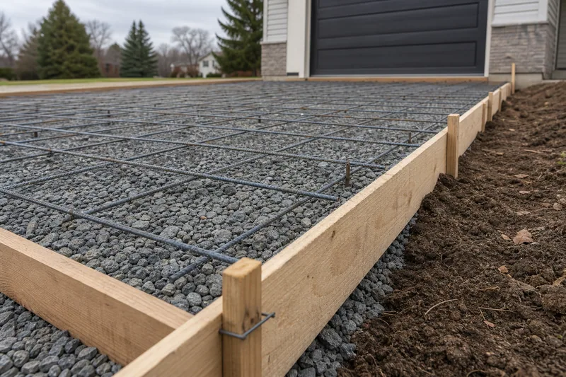 Concrete driveway formwork with compacted base and reinforcement for thickness planning
