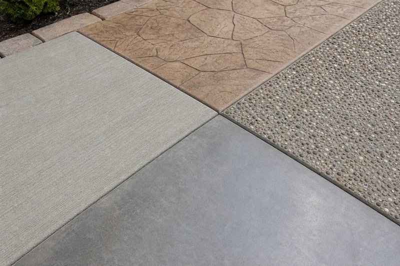 Broom stamped exposed aggregate and smooth concrete finish samples compared