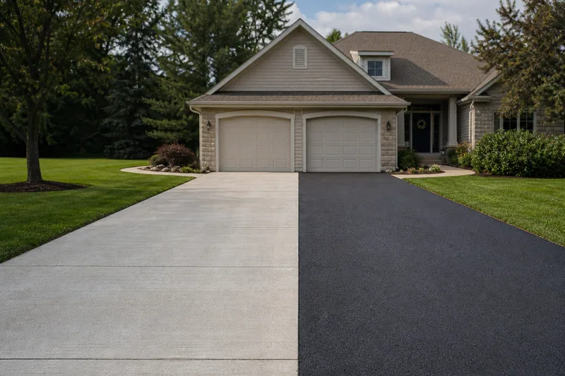 Side-by-side concrete and asphalt driveway surfaces at a Michigan home