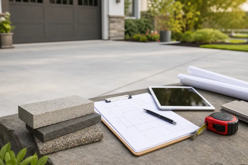 Concrete project planning materials beside a driveway for financing options