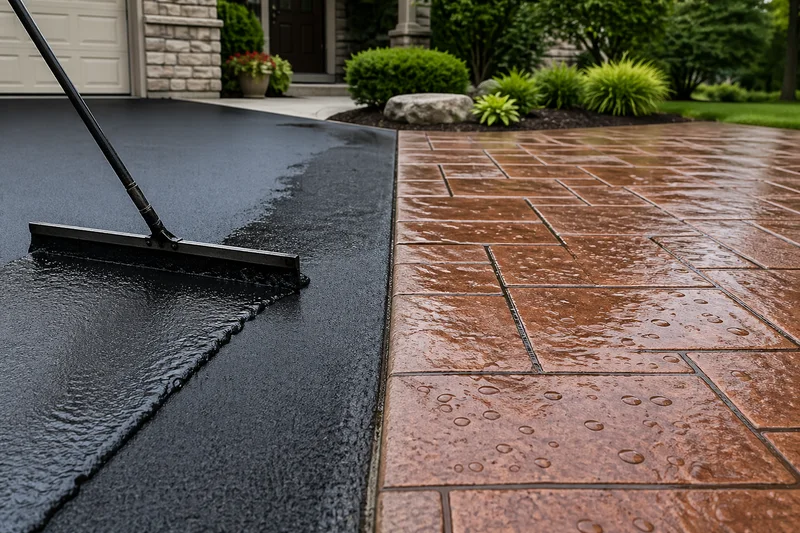 Concrete and asphalt surface protection with water beading on sealed hardscape