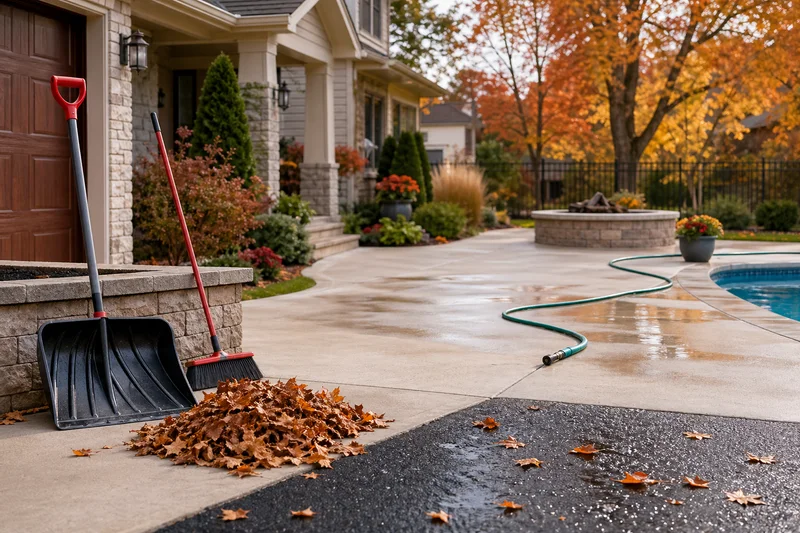 Seasonal maintenance tools beside a clean Michigan concrete driveway