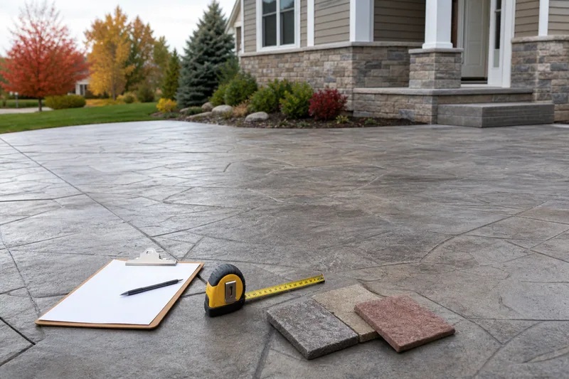 Stamped concrete patio with estimating tools for Michigan concrete cost planning