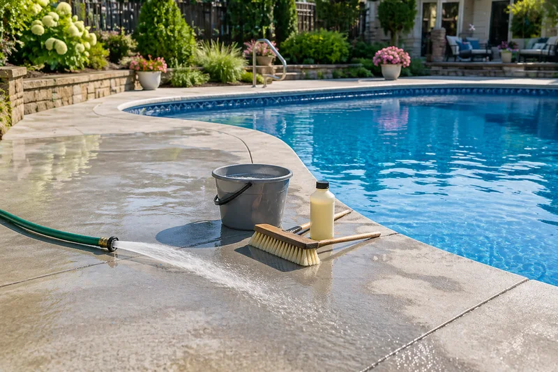 Concrete pool deck being rinsed with maintenance tools beside the water