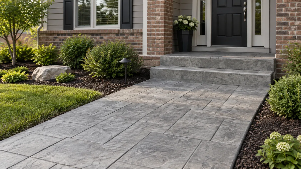 Illustration of a patterned concrete approach and front porch
